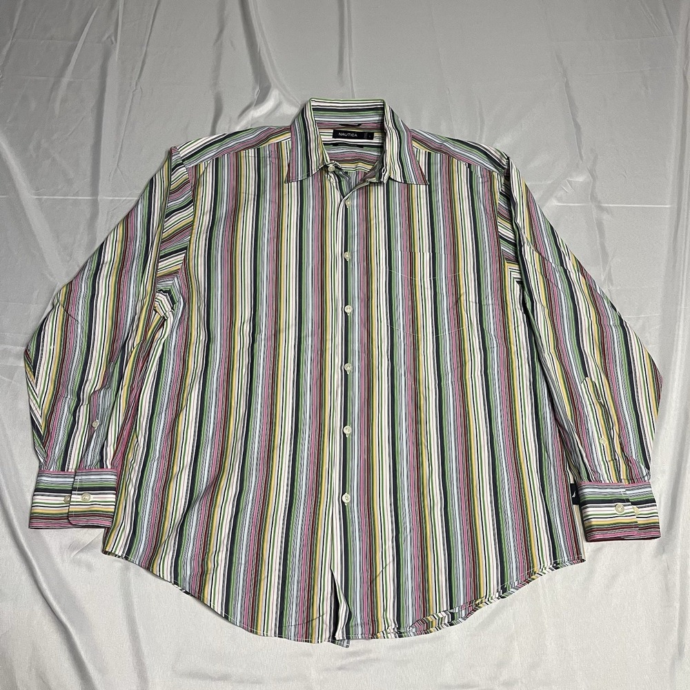 Nautica Sanded Poplin Button Up Shirt Mens Large Multicolor Striped Long Sleeve
